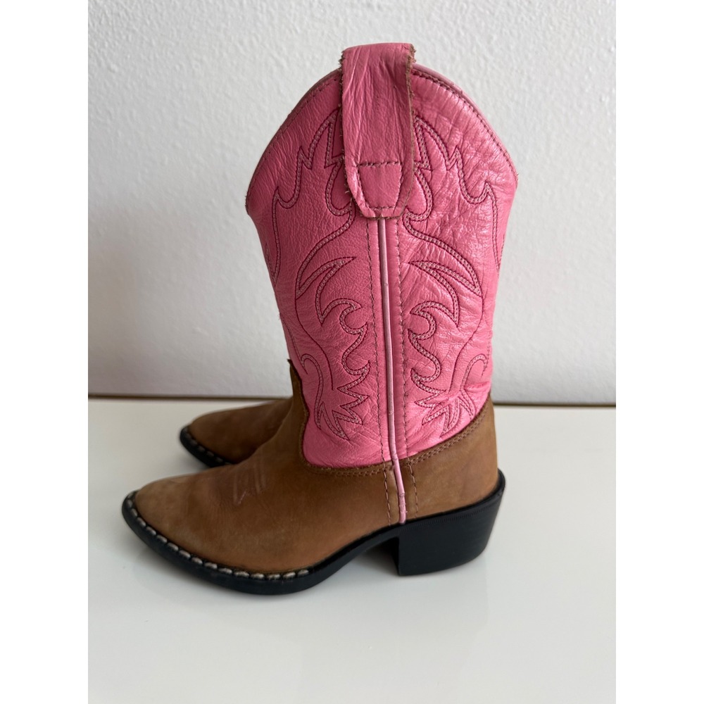 Old West Kids Girls Pink Brown Leather Western Cowboy Boots Toddler Size 10 D